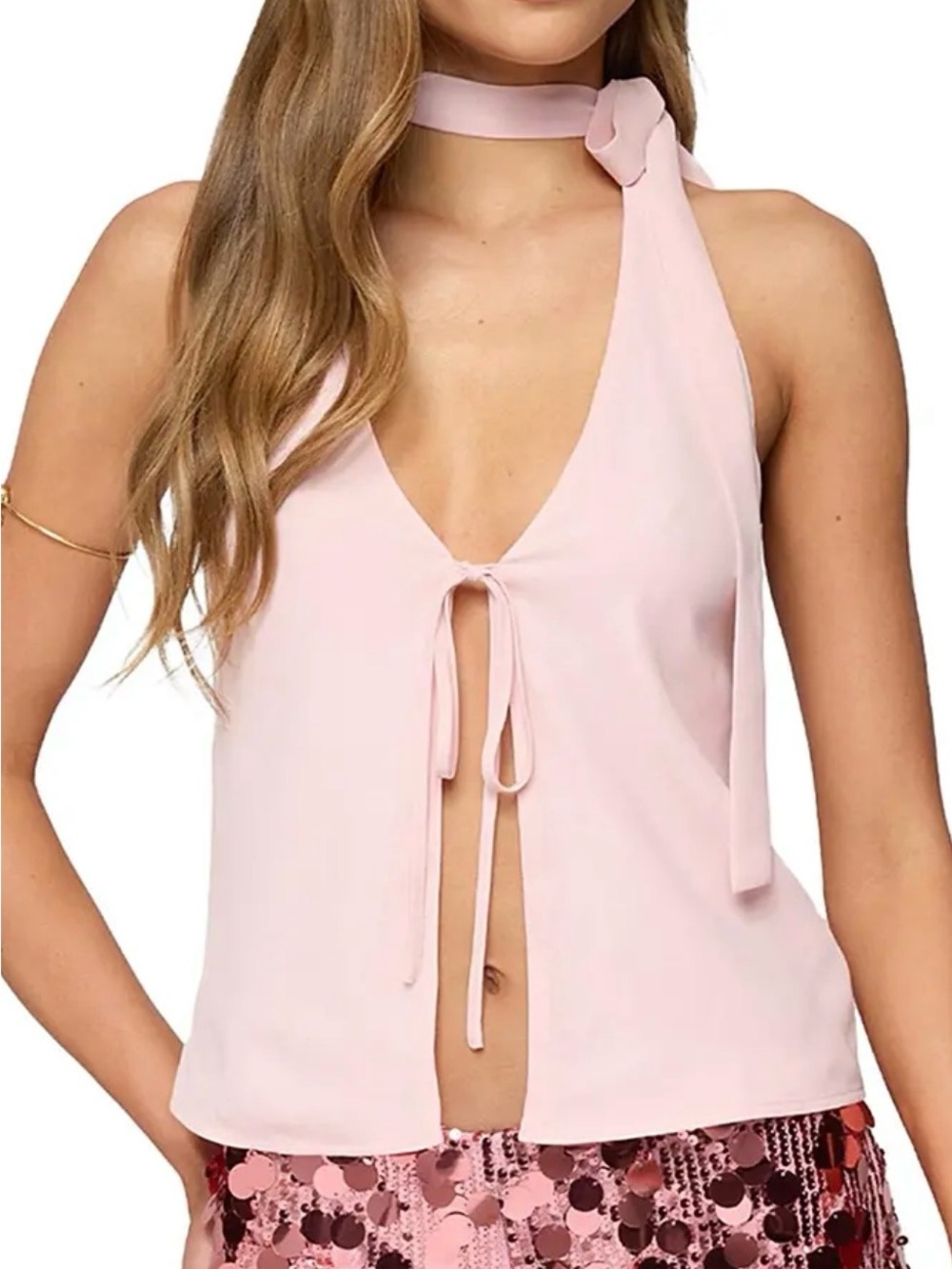 Edikted Light Pink Tie Front Halter Top